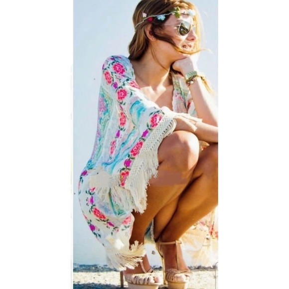 OPEN Floral Chiffon Fringe Boo-boo Style Swimsuit Cover-Up Size LG/XL - Picture 4 of 12